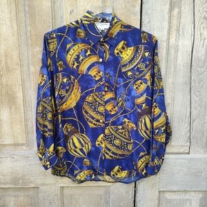 Vintage Royal Blue and Gold Silk Blouse